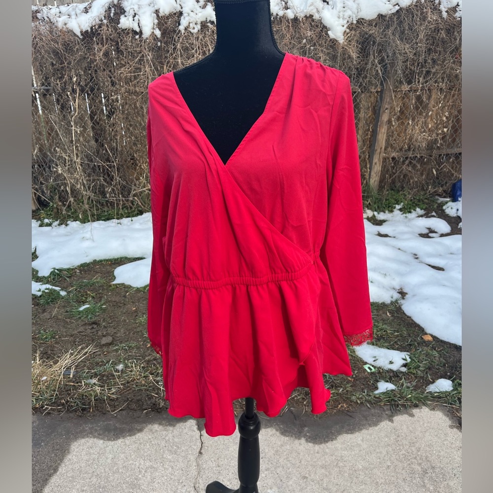 Lane Bryant Blouse Tunic Top Pullover Lace Trim Surplice V-Neck Red Sz 22